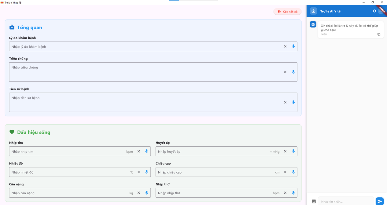 Ảnh chụp màn hình dự án Trợ lý Y Khoa - AI hỗ trợ thăm khám với nhận diện giọng nói tiếng Việt, gợi ý triệu chứng, chẩn đoán ICD10 và đơn th