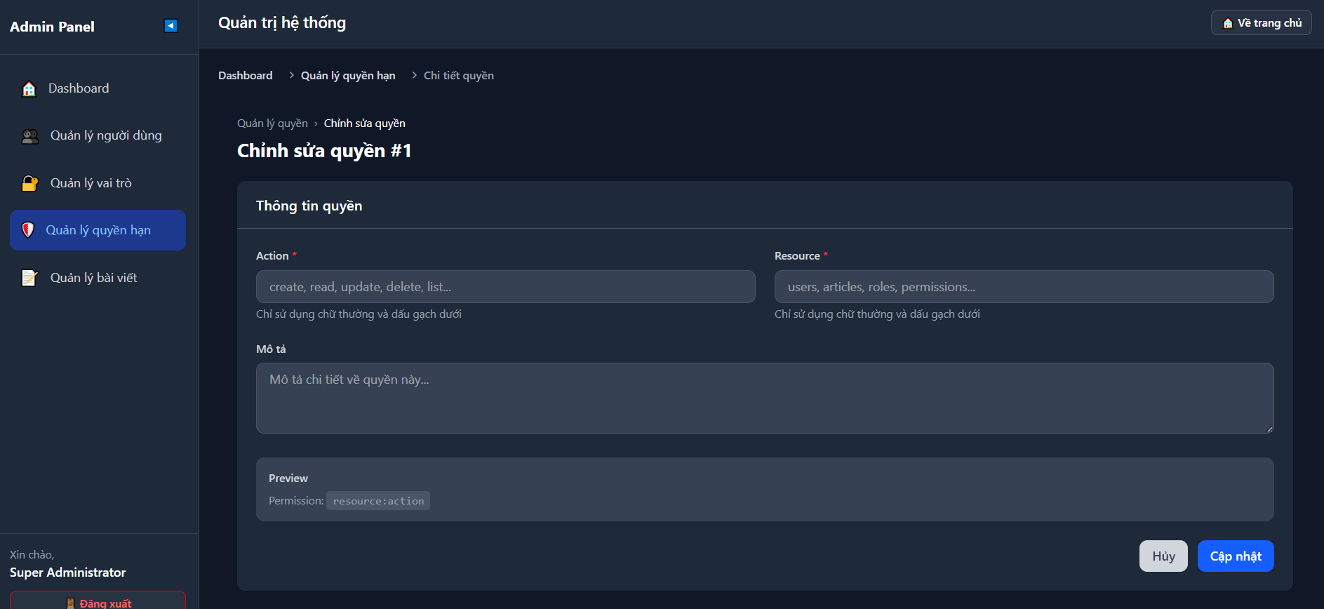 Hình ảnh trang quản trị